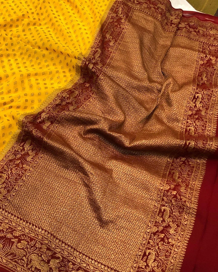 Yellow Banarasi Handloom Pure Khaddi Georgette Silk Saree - Aura Benaras