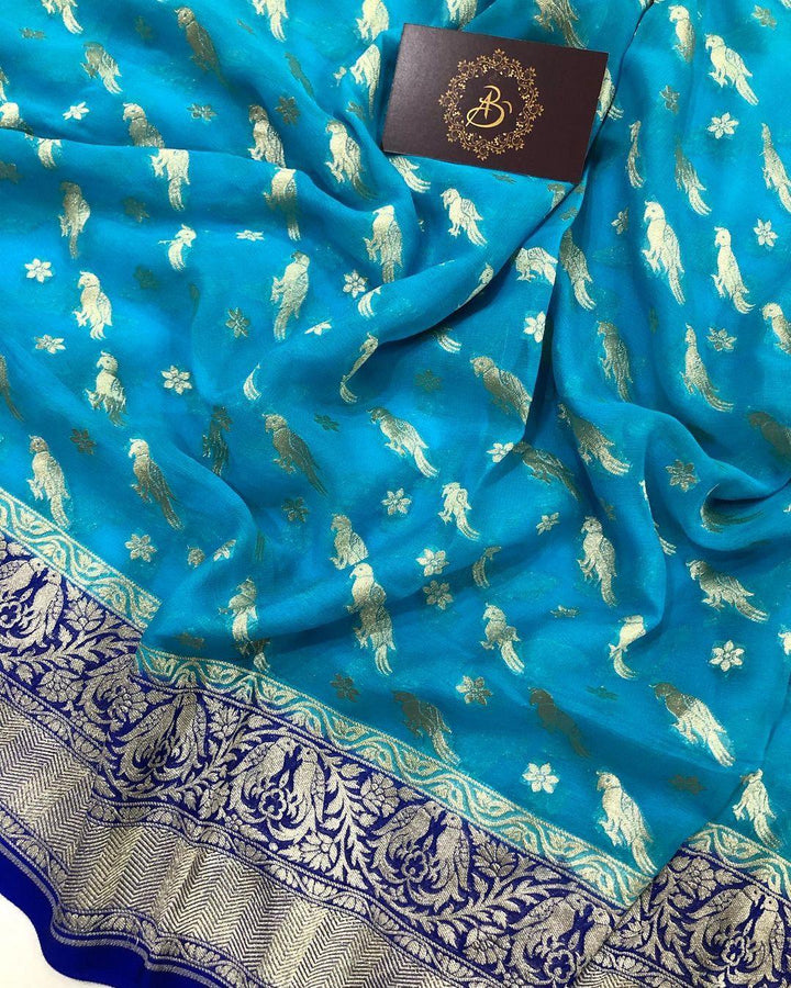 Sky Blue Banarasi Handloom Pure Khaddi Georgette Silk Saree - Aura Benaras