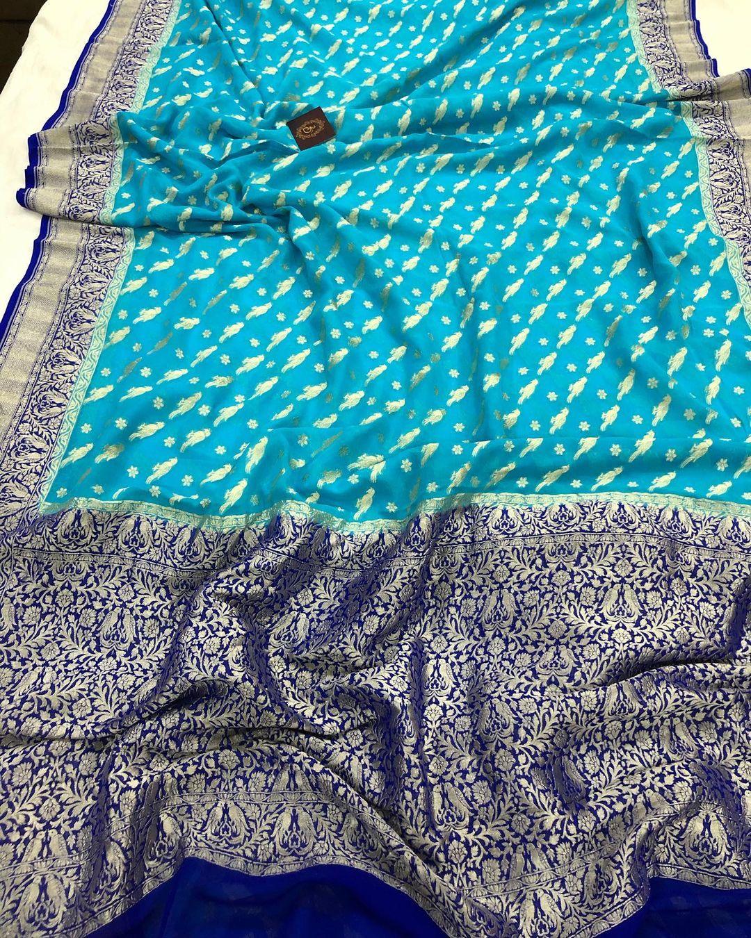 Sky Blue Banarasi Handloom Pure Khaddi Georgette Silk Saree - Aura Benaras