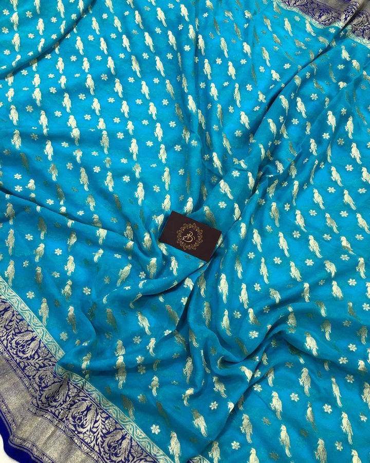 Sky Blue Banarasi Handloom Pure Khaddi Georgette Silk Saree - Aura Benaras