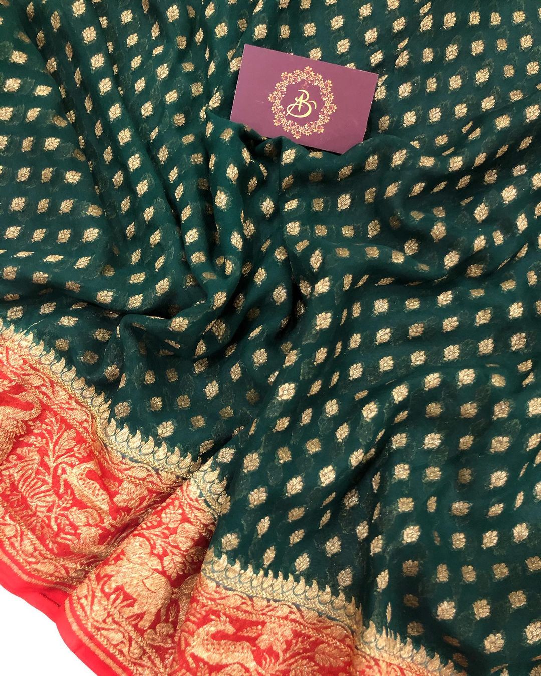 Bottle Green Banarasi Handloom Pure Khaddi Georgette Silk Saree