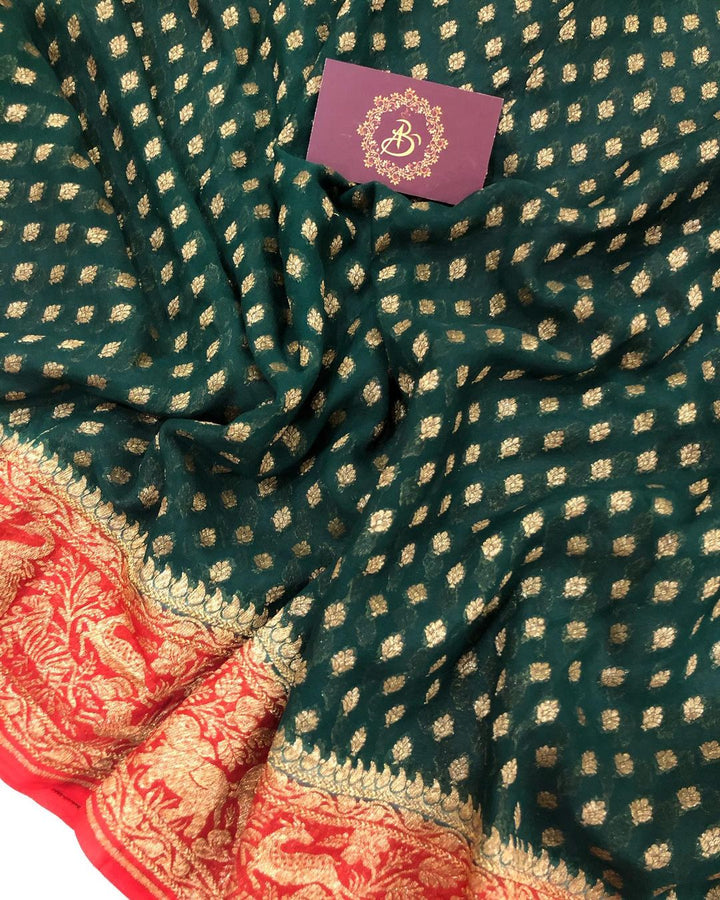 Bottle Green Banarasi Handloom Pure Khaddi Georgette Silk Saree