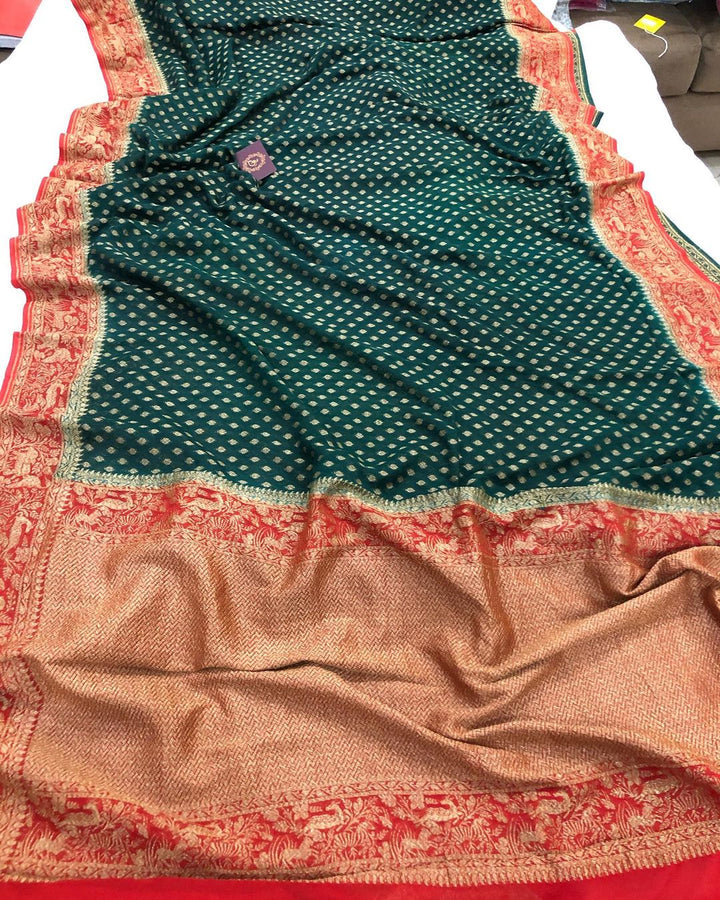 Bottle Green Banarasi Handloom Pure Khaddi Georgette Silk Saree