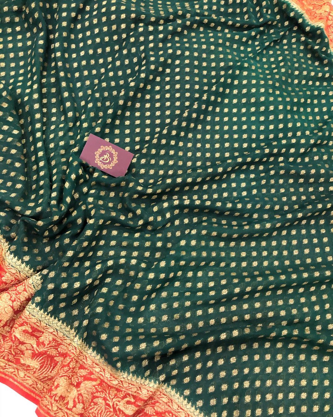 Bottle Green Banarasi Handloom Pure Khaddi Georgette Silk Saree