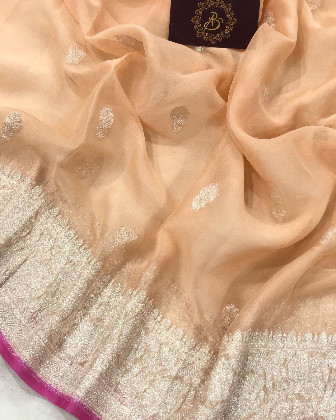 Peach Khaddi Chiffon Banarasi Handloom Saree - Aura Benaras