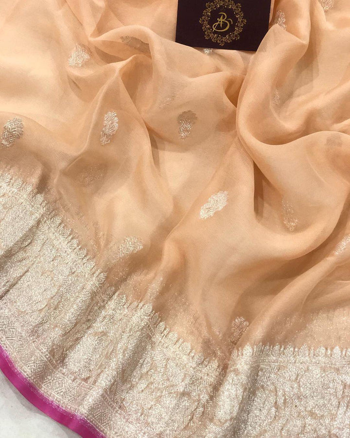 Peach Khaddi Chiffon Banarasi Handloom Saree - Aura Benaras