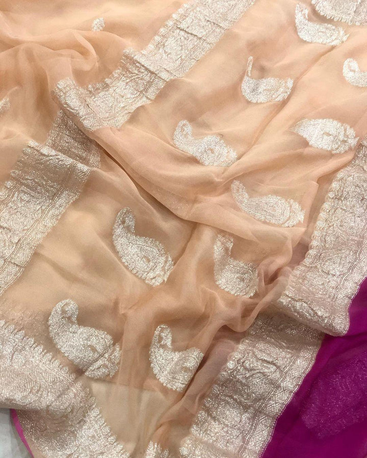 Peach Khaddi Chiffon Banarasi Handloom Saree - Aura Benaras
