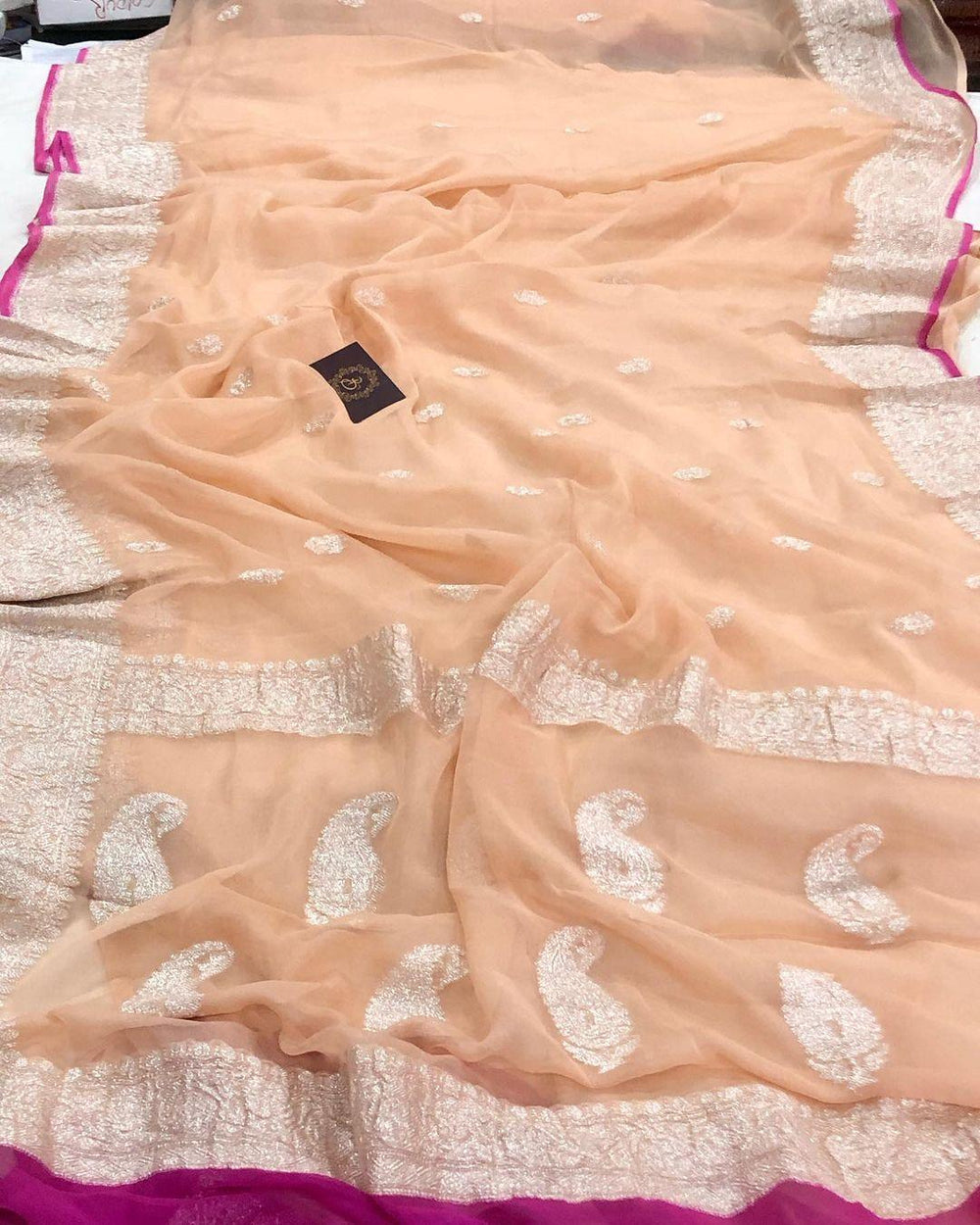 Peach Khaddi Chiffon Banarasi Handloom Saree - Aura Benaras