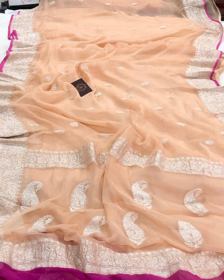 Peach Khaddi Chiffon Banarasi Handloom Saree - Aura Benaras