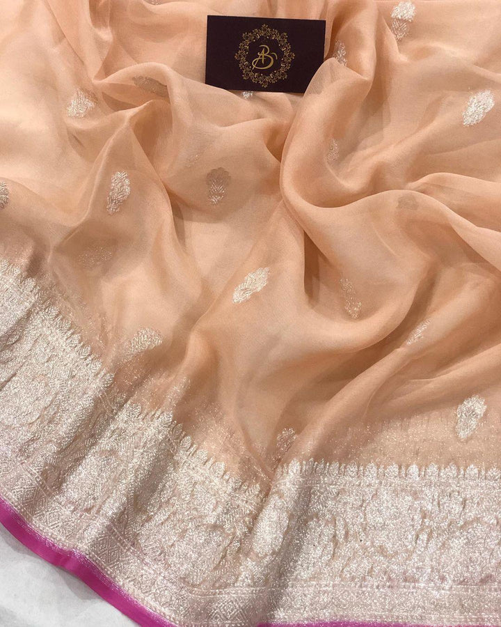 Peach Khaddi Chiffon Banarasi Handloom Saree - Aura Benaras