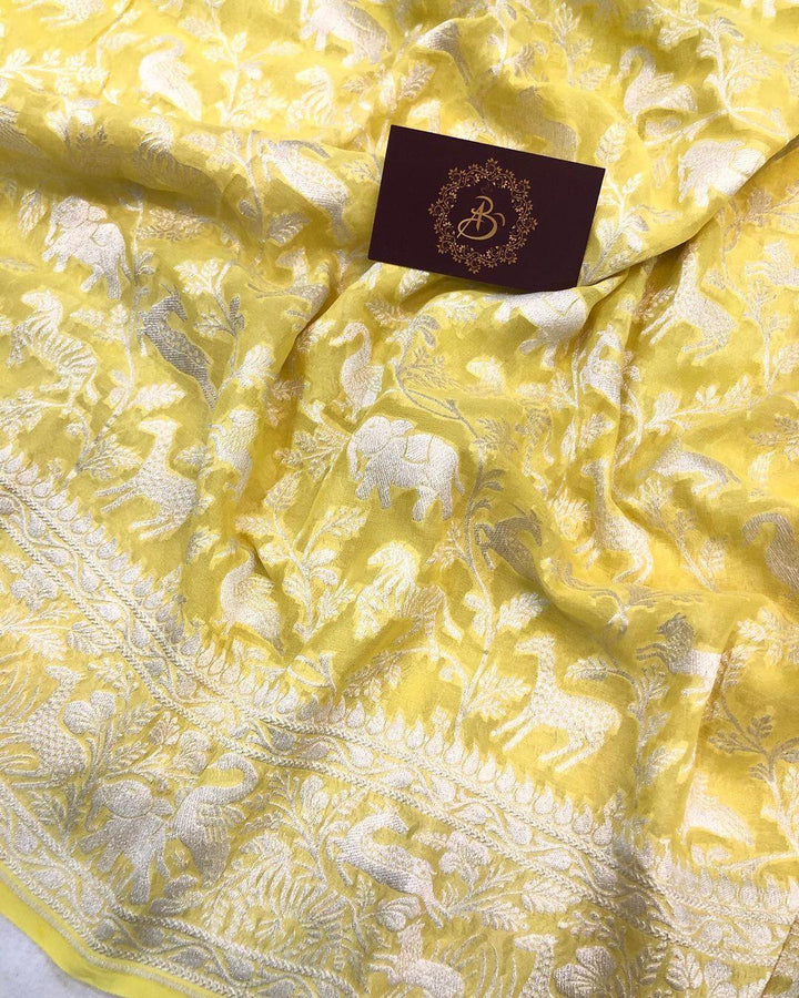 Lemon Yellow Khaddi Chiffon Georgette Banarasi Handloom Saree