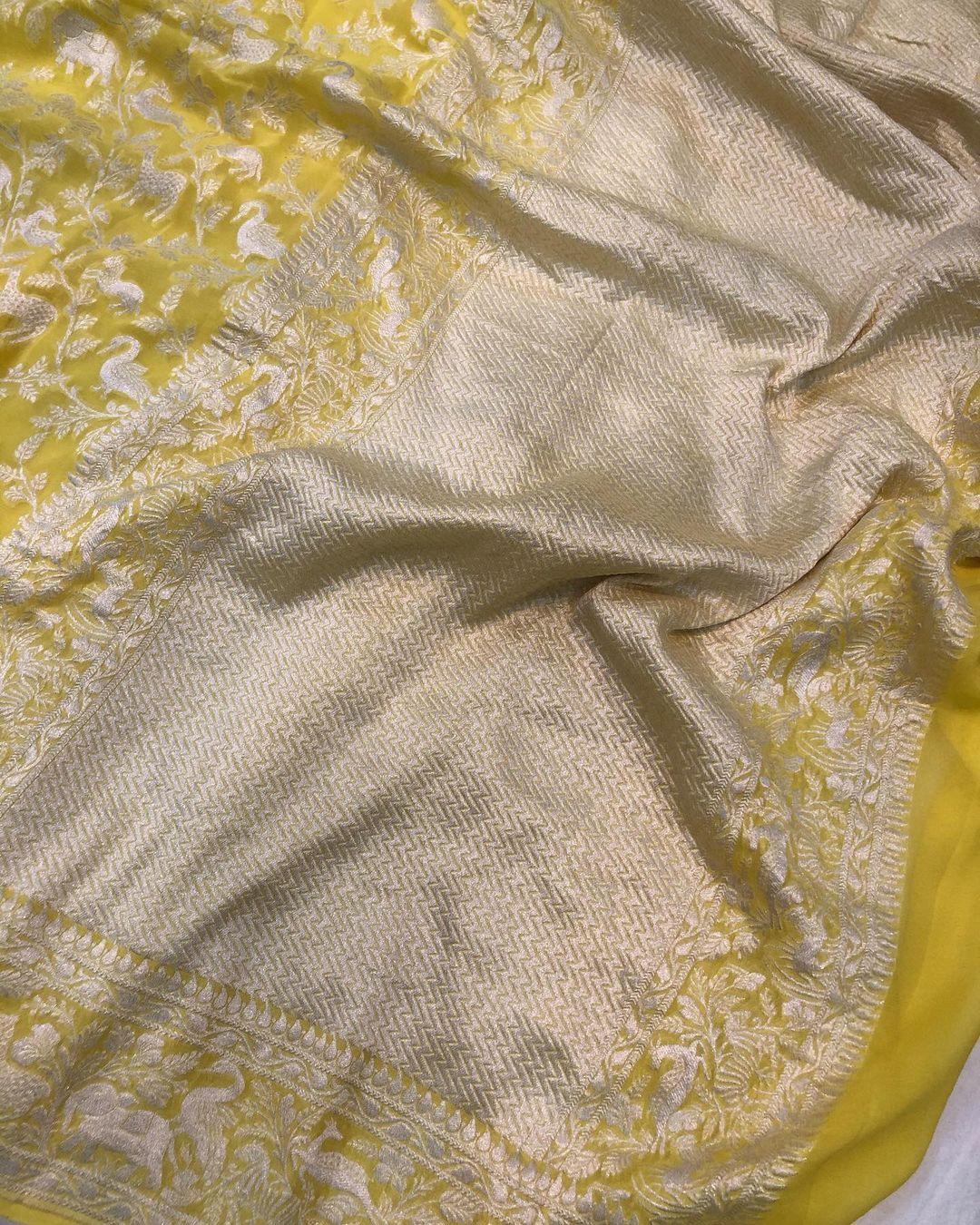Lemon Yellow Khaddi Chiffon Georgette Banarasi Handloom Saree