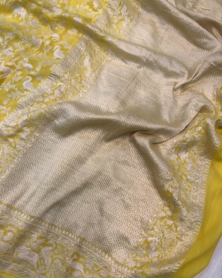 Lemon Yellow Khaddi Chiffon Georgette Banarasi Handloom Saree