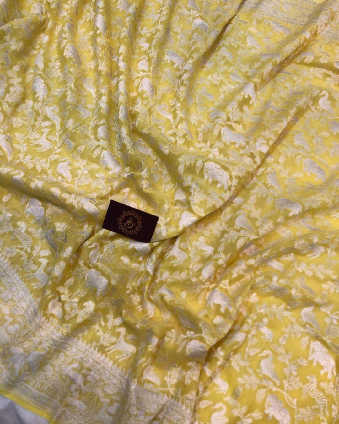 Lemon Yellow Khaddi Chiffon Georgette Banarasi Handloom Saree