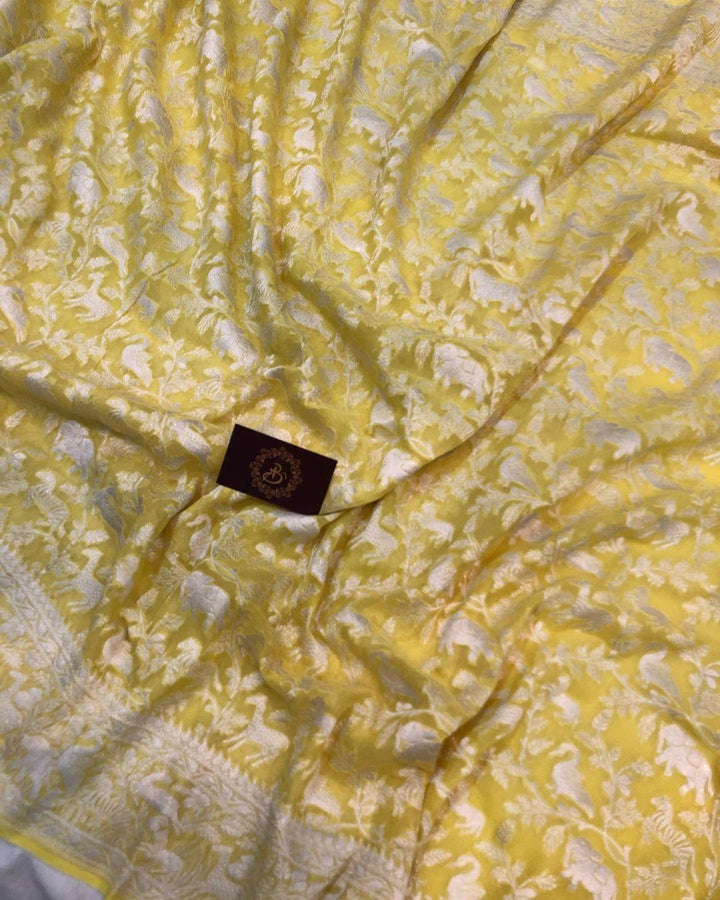 Lemon Yellow Khaddi Chiffon Georgette Banarasi Handloom Saree