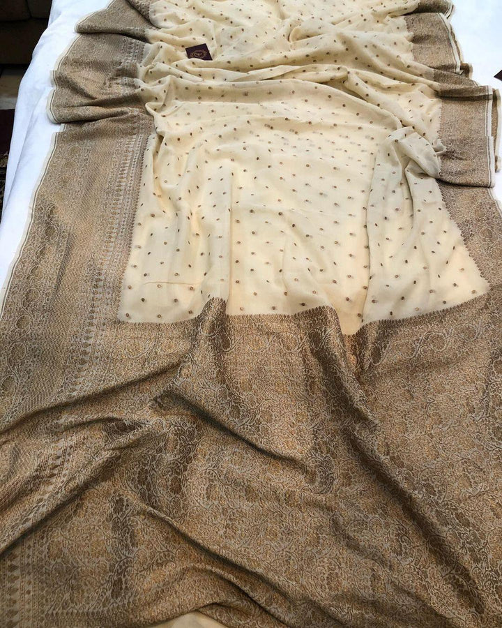Beige Banarasi Handloom Pure Khaddi Georgette Silk Saree - Aura Benaras