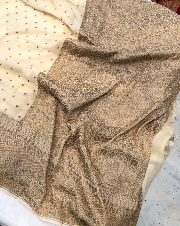 Beige Banarasi Handloom Pure Khaddi Georgette Silk Saree - Aura Benaras