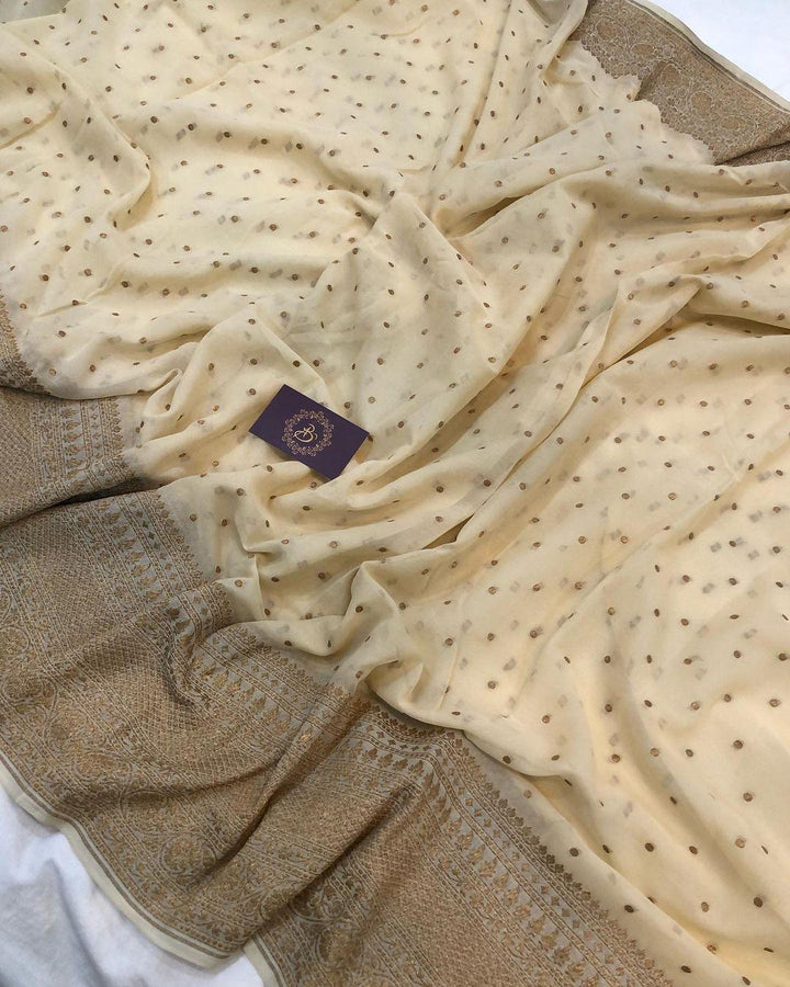 Beige Banarasi Handloom Pure Khaddi Georgette Silk Saree - Aura Benaras