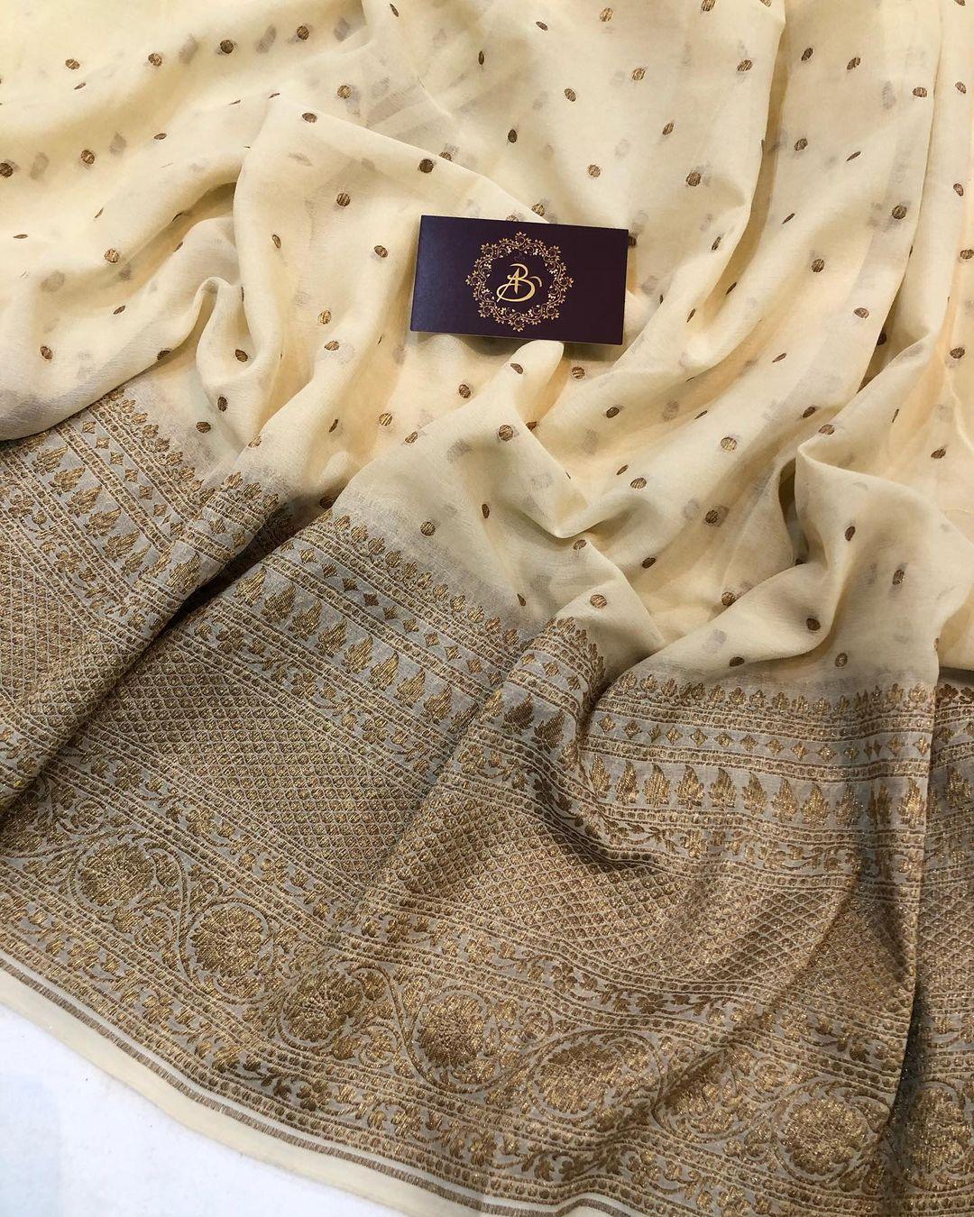 Beige Banarasi Handloom Pure Khaddi Georgette Silk Saree - Aura Benaras