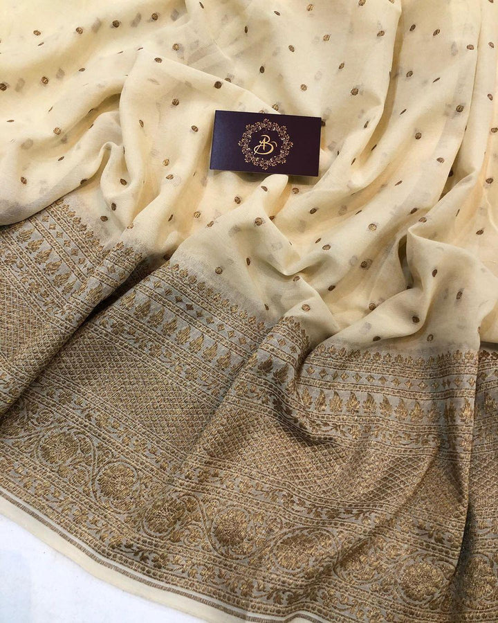 Beige Banarasi Handloom Pure Khaddi Georgette Silk Saree - Aura Benaras