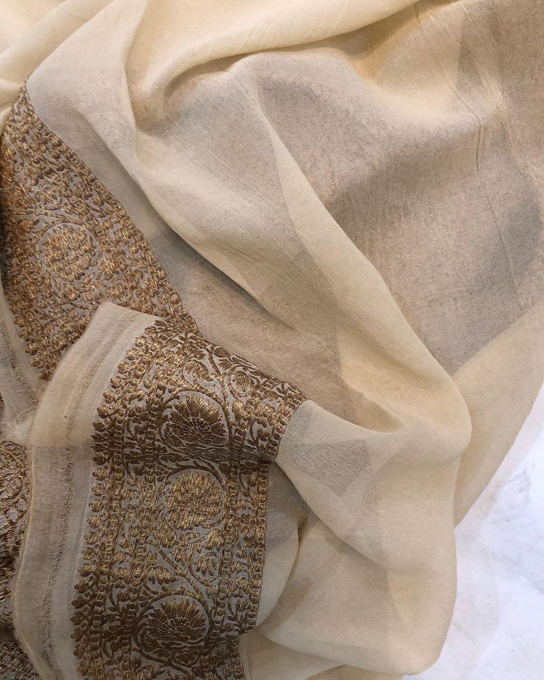 Beige Banarasi Handloom Pure Khaddi Georgette Silk Saree - Aura Benaras