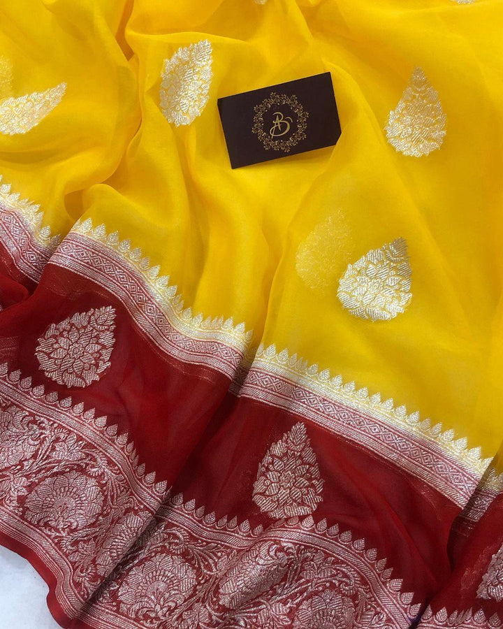 Yellow Khaddi Chiffon Banarasi Handloom Saree - Aura Benaras