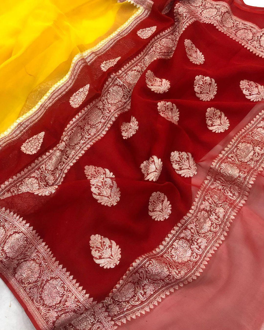 Yellow Khaddi Chiffon Banarasi Handloom Saree - Aura Benaras