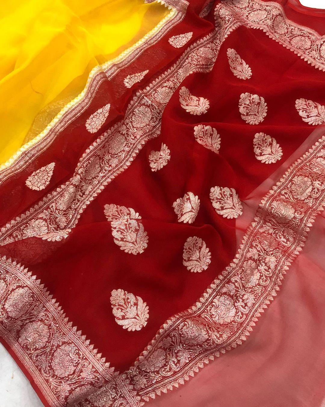 Yellow Khaddi Chiffon Banarasi Handloom Saree - Aura Benaras