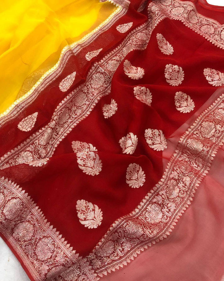 Yellow Khaddi Chiffon Banarasi Handloom Saree - Aura Benaras