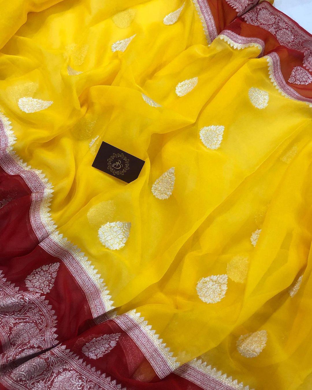 Yellow Khaddi Chiffon Banarasi Handloom Saree - Aura Benaras