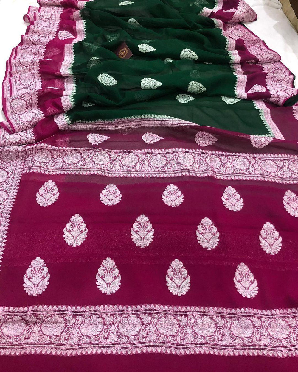 Bottle Green Khaddi Chiffon Banarasi Handloom Saree - Aura Benaras