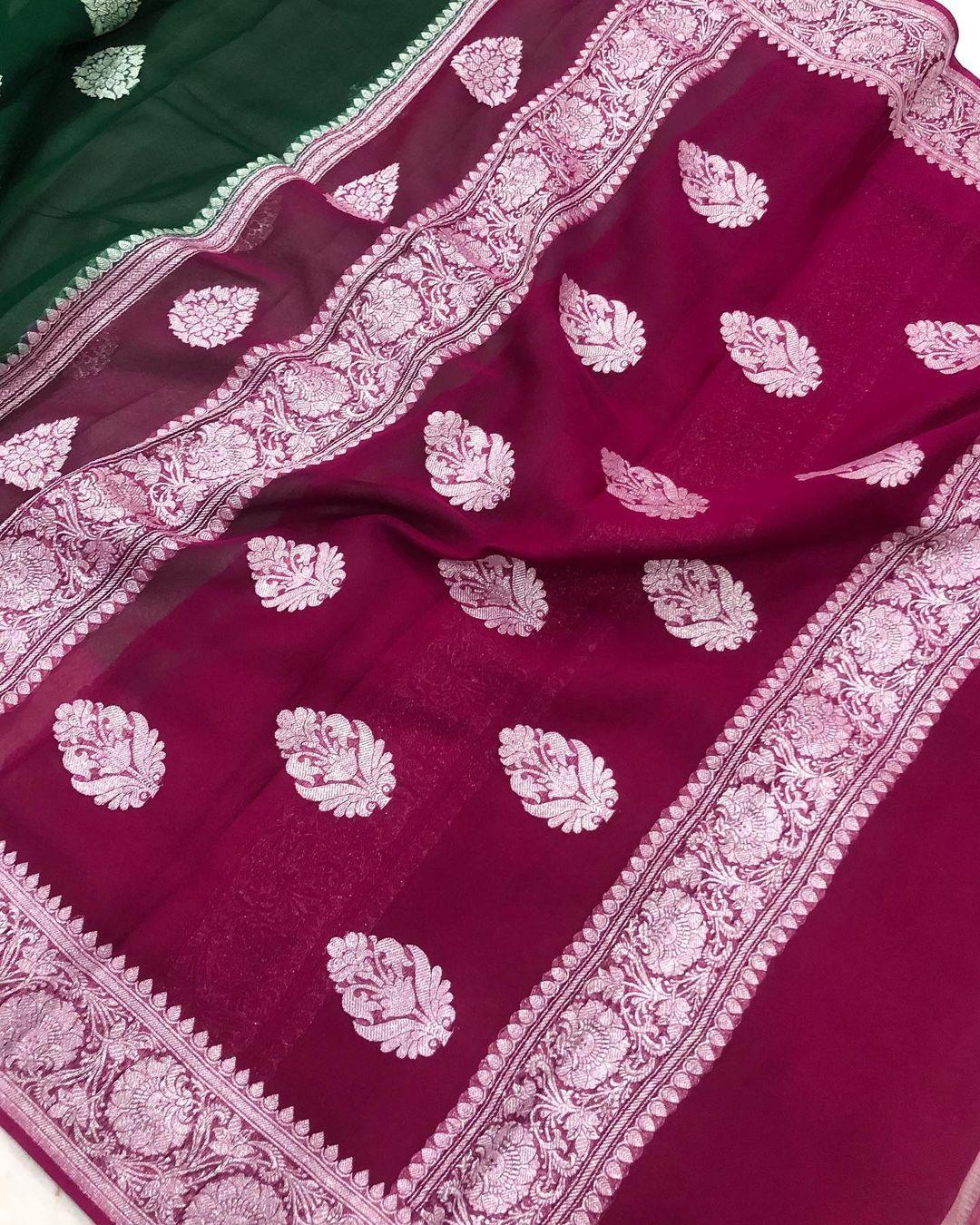 Bottle Green Khaddi Chiffon Banarasi Handloom Saree - Aura Benaras