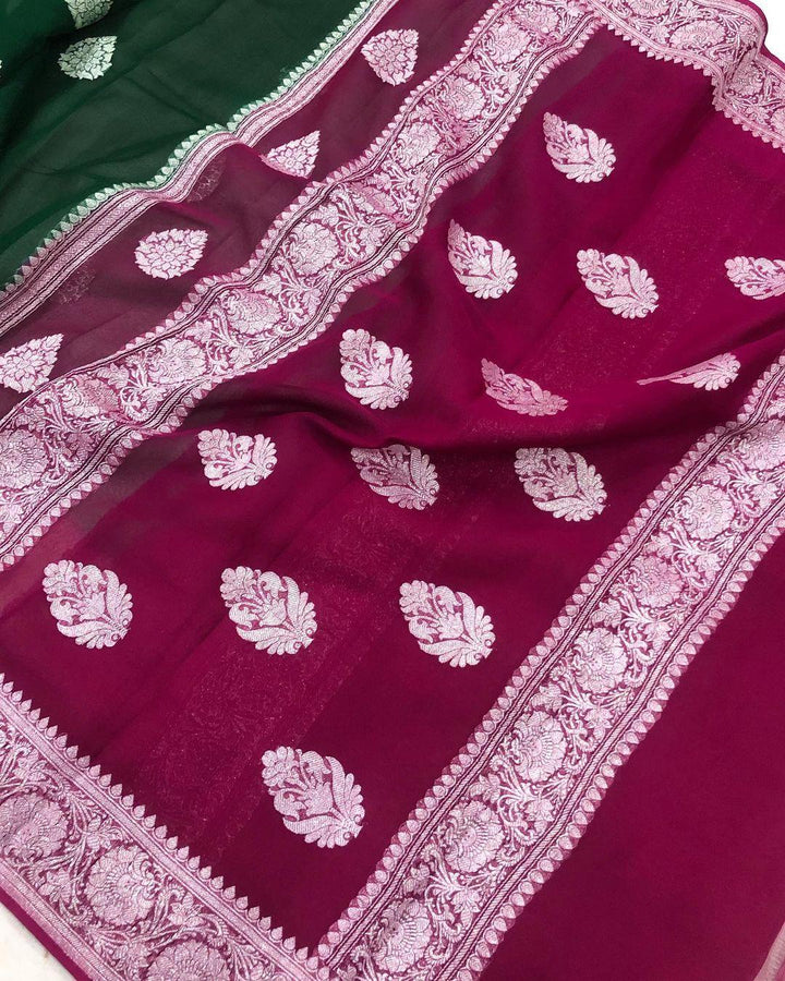 Bottle Green Khaddi Chiffon Banarasi Handloom Saree - Aura Benaras
