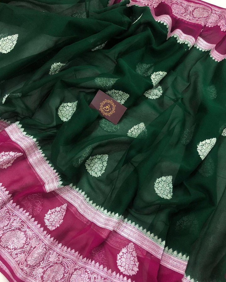 Bottle Green Khaddi Chiffon Banarasi Handloom Saree - Aura Benaras