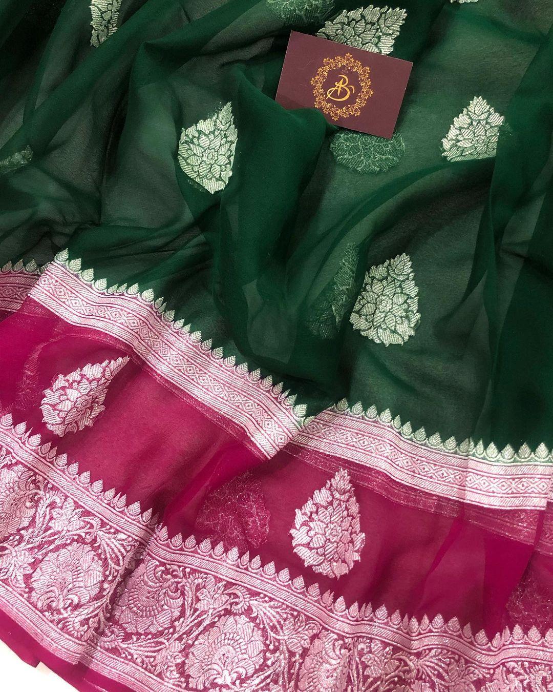 Bottle Green Khaddi Chiffon Banarasi Handloom Saree - Aura Benaras