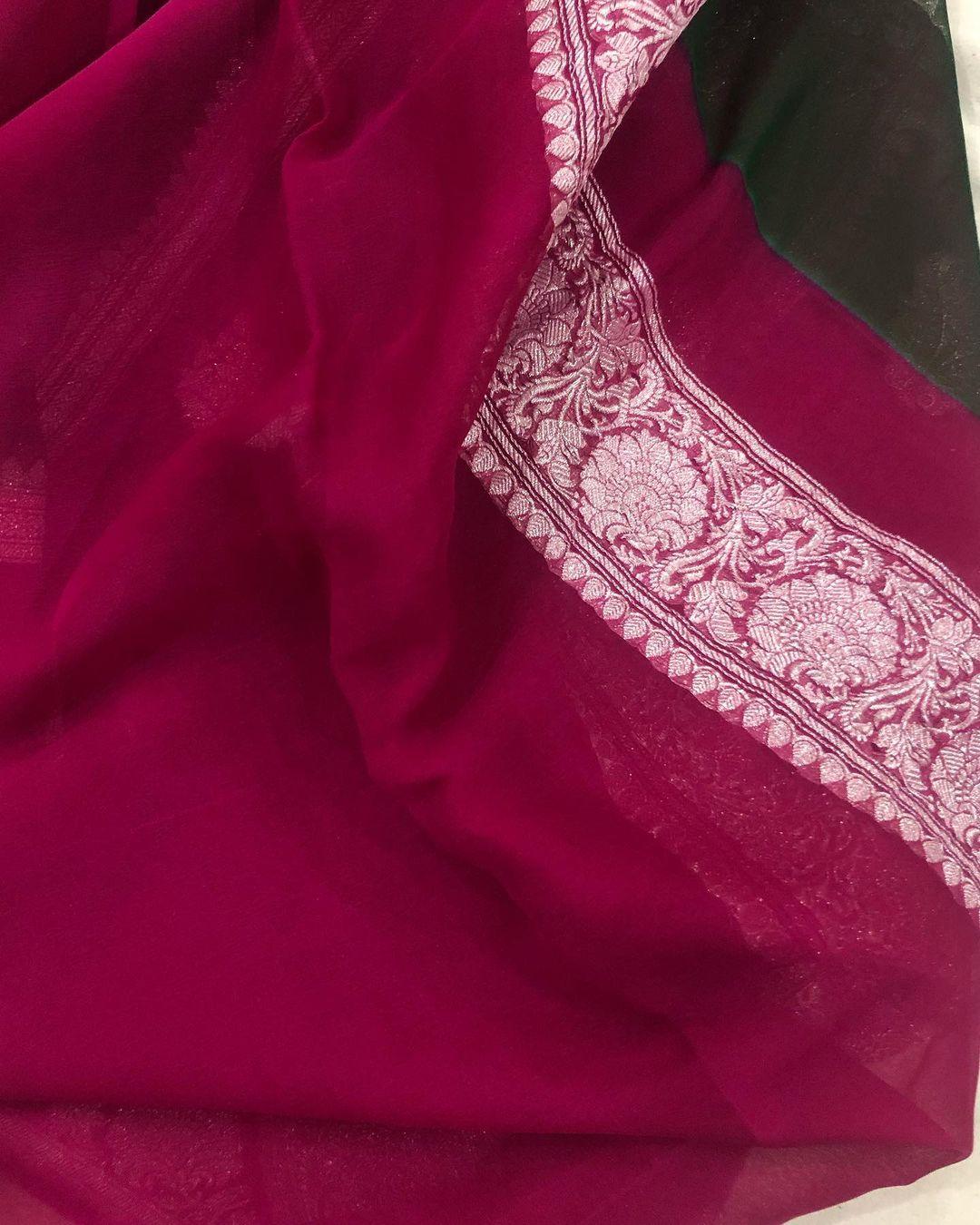 Bottle Green Khaddi Chiffon Banarasi Handloom Saree - Aura Benaras