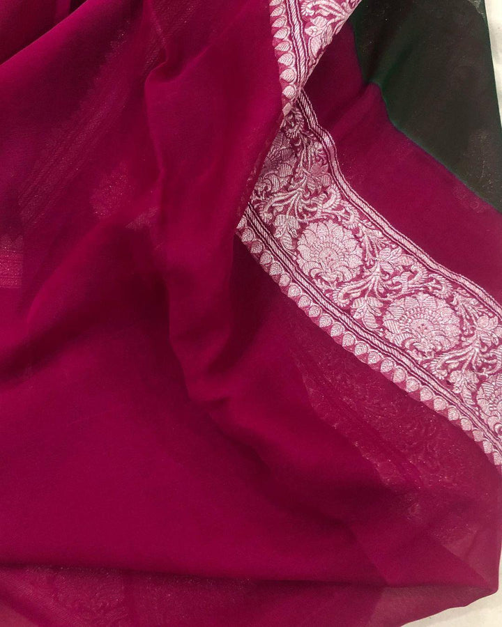 Bottle Green Khaddi Chiffon Banarasi Handloom Saree - Aura Benaras