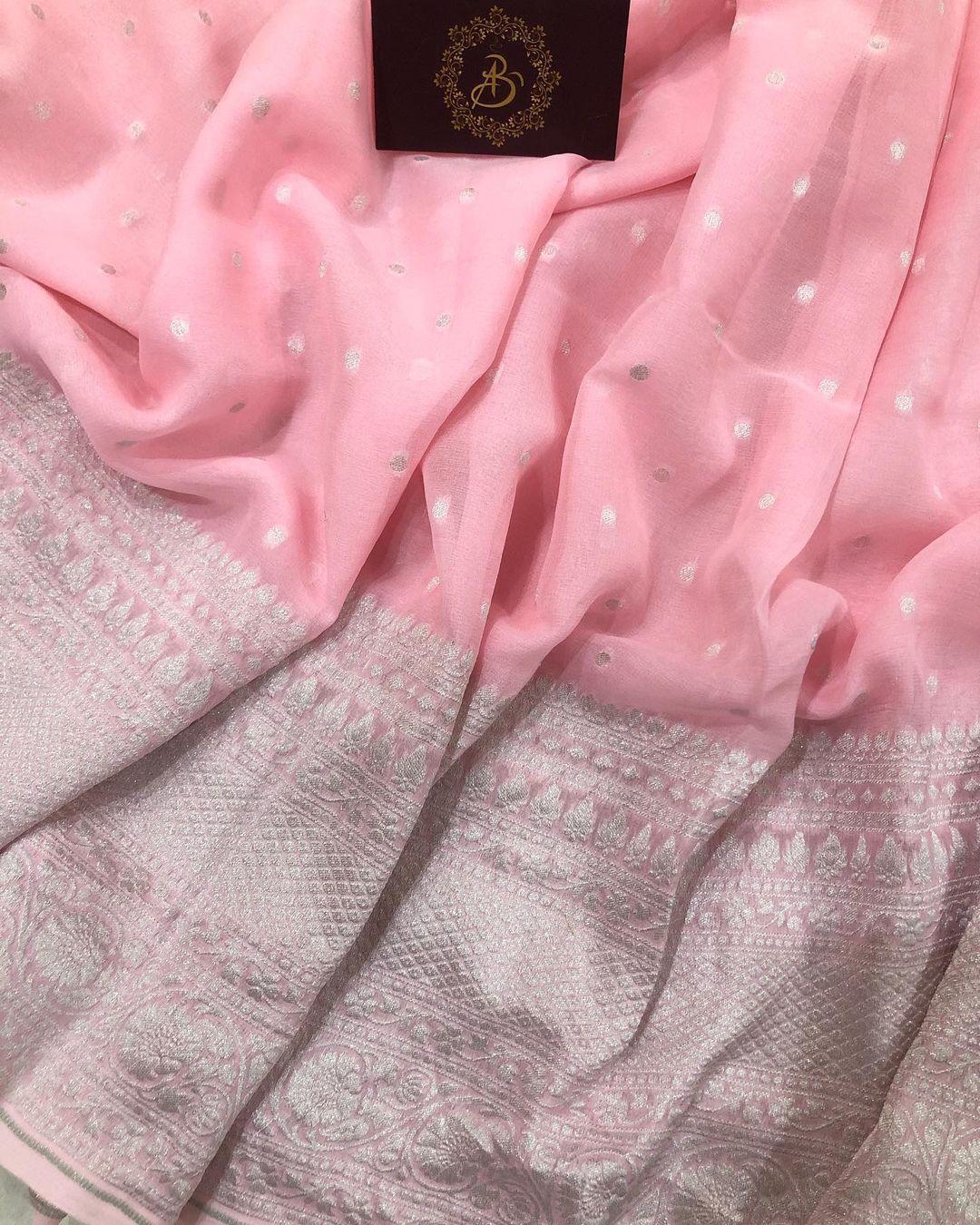Baby Pink Banarasi Handloom Pure Khaddi Georgette Silk Saree - Aura Benaras