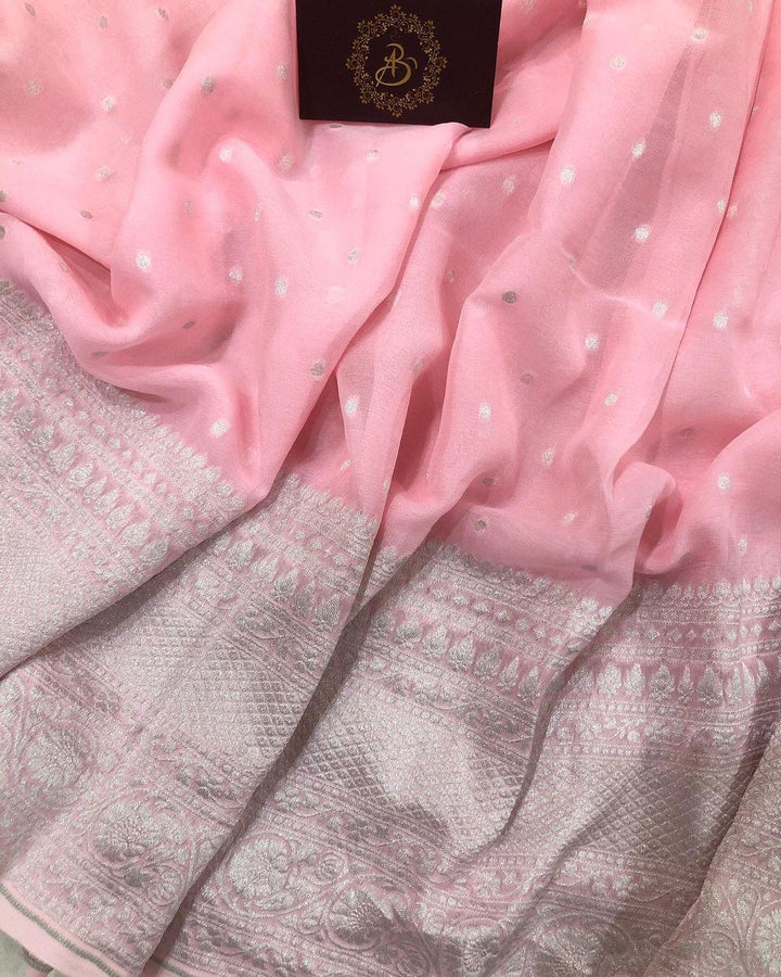 Baby Pink Banarasi Handloom Pure Khaddi Georgette Silk Saree - Aura Benaras