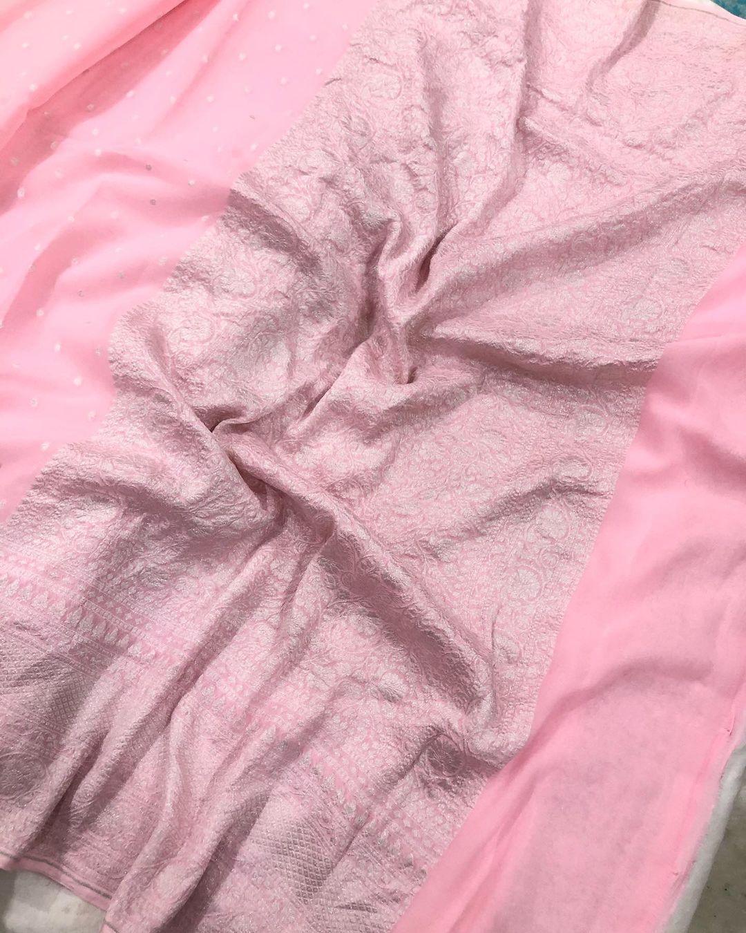 Baby Pink Banarasi Handloom Pure Khaddi Georgette Silk Saree - Aura Benaras