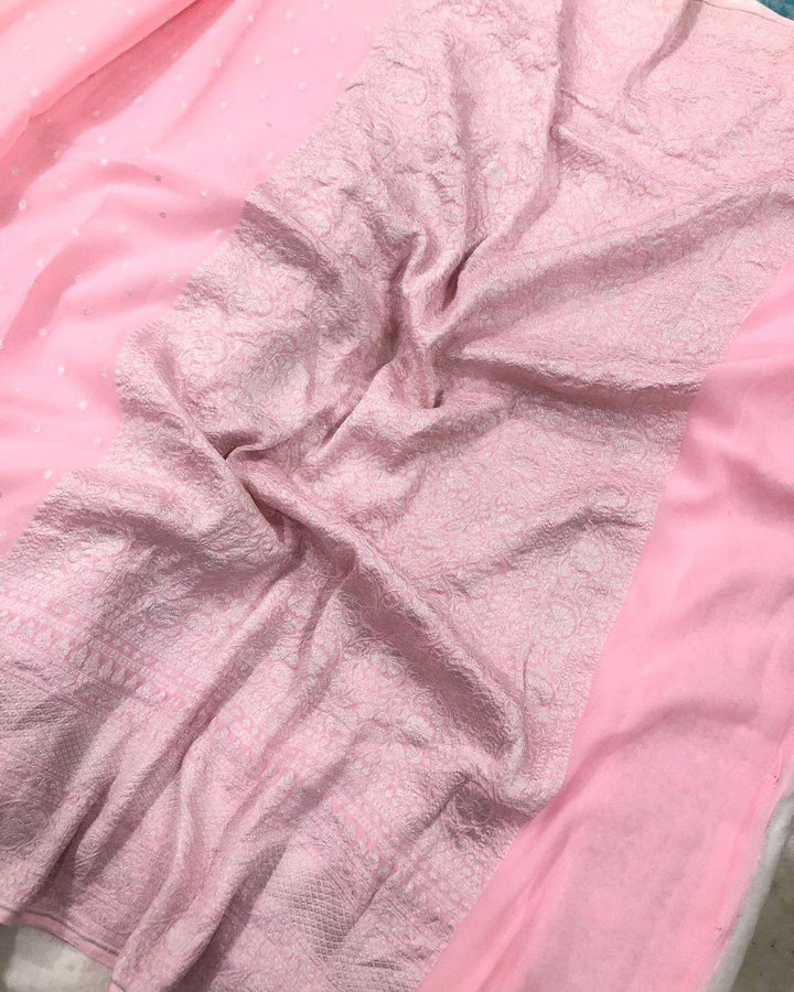 Baby Pink Banarasi Handloom Pure Khaddi Georgette Silk Saree - Aura Benaras