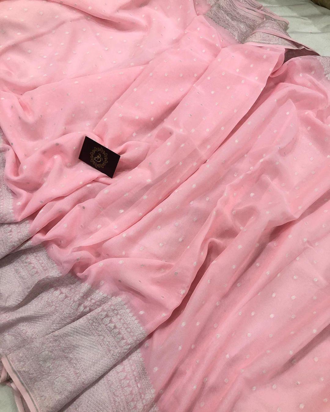 Baby Pink Banarasi Handloom Pure Khaddi Georgette Silk Saree - Aura Benaras