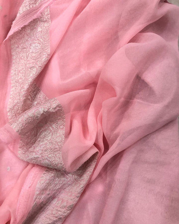 Baby Pink Banarasi Handloom Pure Khaddi Georgette Silk Saree - Aura Benaras