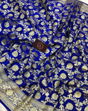 Royal Blue Banarasi Handloom Satin Silk Saree - Aura Benaras
