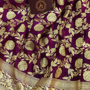 Purple Banarasi Handloom Satin Silk Saree - Aura Benaras