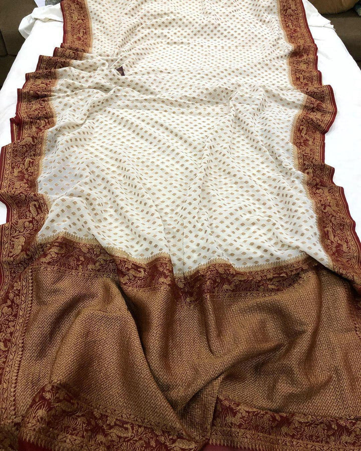 Off White Banarasi Handloom Pure Khaddi Georgette Silk Saree - Aura Benaras