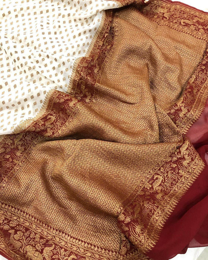 Off White Banarasi Handloom Pure Khaddi Georgette Silk Saree - Aura Benaras