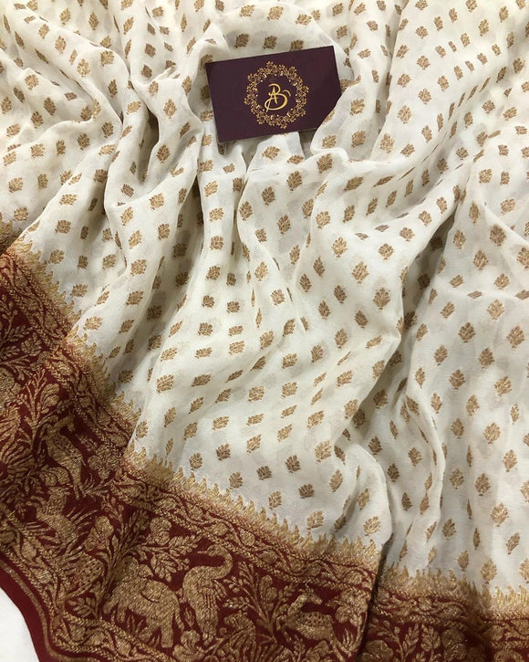 Off White Banarasi Handloom Pure Khaddi Georgette Silk Saree - Aura Benaras