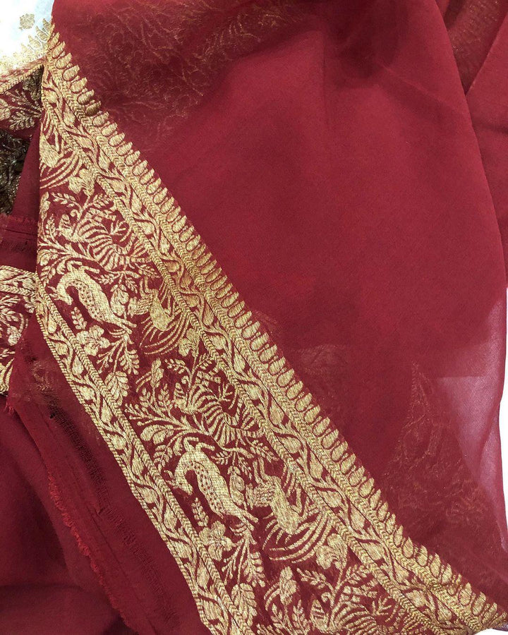 Off White Banarasi Handloom Pure Khaddi Georgette Silk Saree - Aura Benaras