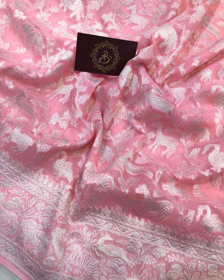 Baby pink Khaddi Chiffon Georgette Banarasi Handloom Saree